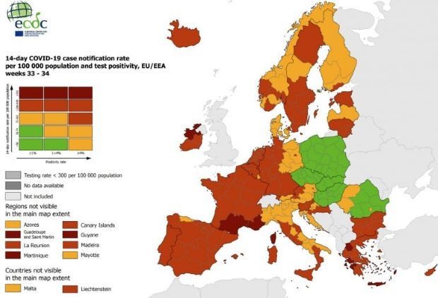 Χάρτης ECDC : Ποιες περιοχές της Ελλάδας βρίσκονται σε «βαθύ κόκκινο»