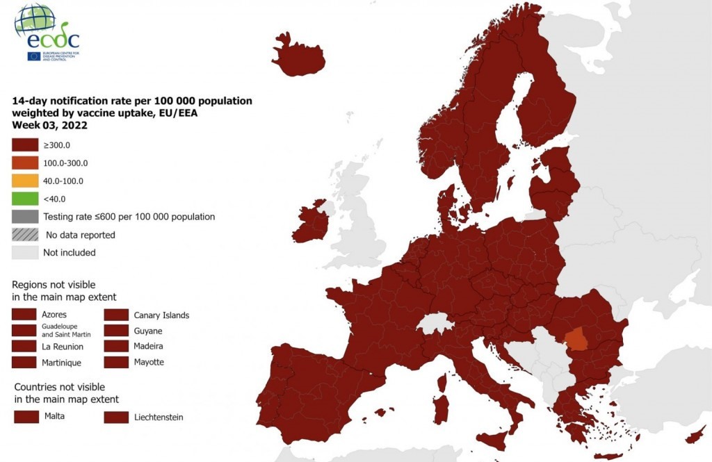 ECDC: Στα ύψη τα κρούσματα λόγω Όμικρον Στο βαθύ κόκκινο η ΕΕ
